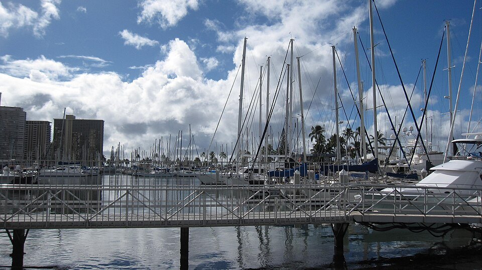 Sailboats in the Ala Wai Harbor, seen from Ala Moana Park Drive