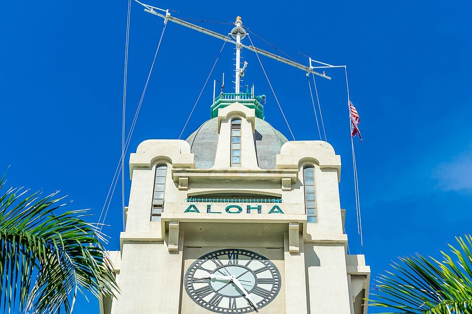 The clock and the word ALOHA near the top of Aloha Tower
