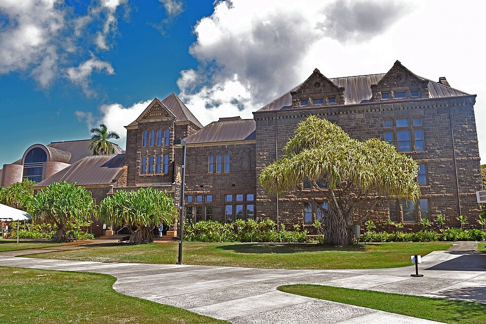 Bishop Museum's stone halls behind the great lawn