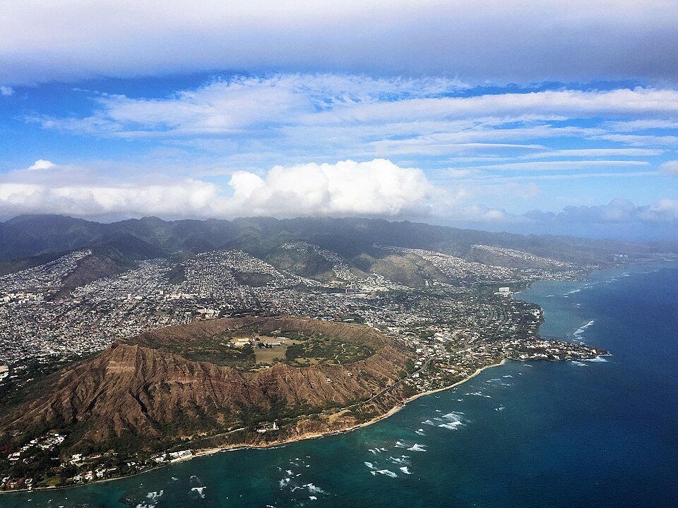 Diamond Head from the air, the crater open toward the city