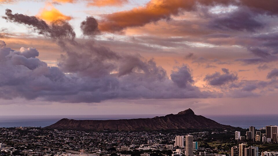 Diamond Head under a streaked evening sky