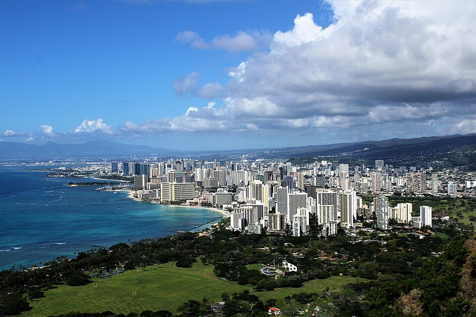 Waikīkī and the city spread below the Diamond Head summit