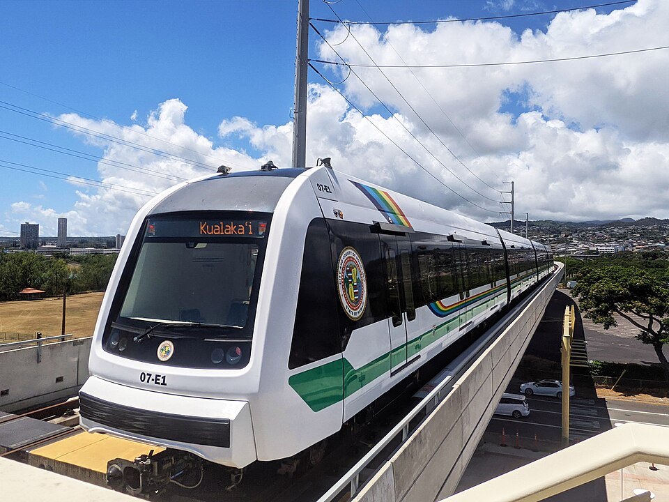 A driverless Skyline train on the elevated guideway