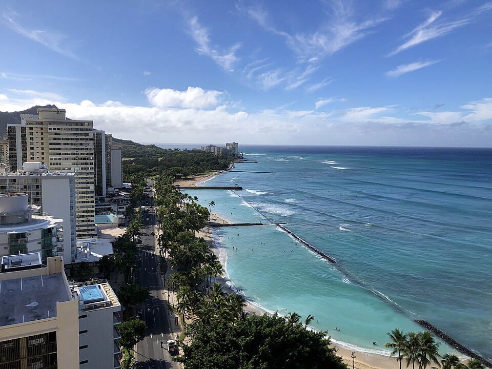 The reef, the groins and the beach at Waikīkī from high above