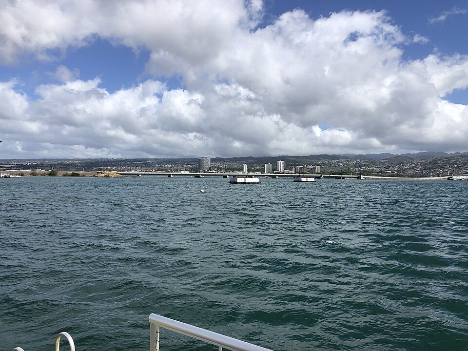 Pearl Harbor from the memorial, the Koʻolau range beyond