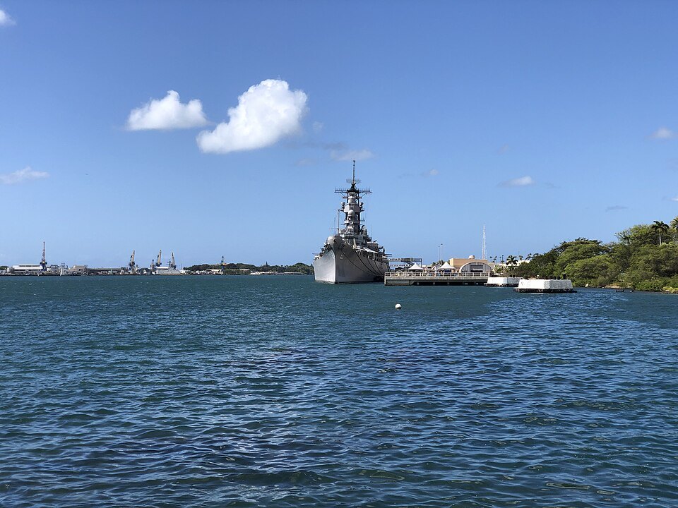 The USS Missouri seen across the harbor from the memorial