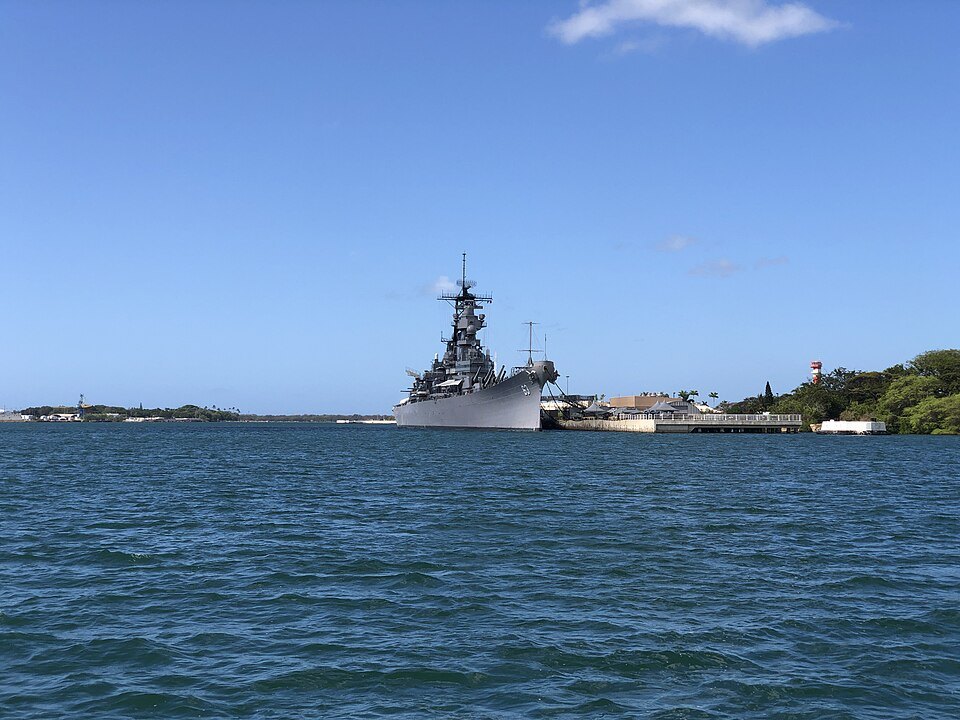 The battleship Missouri, moored off Ford Island