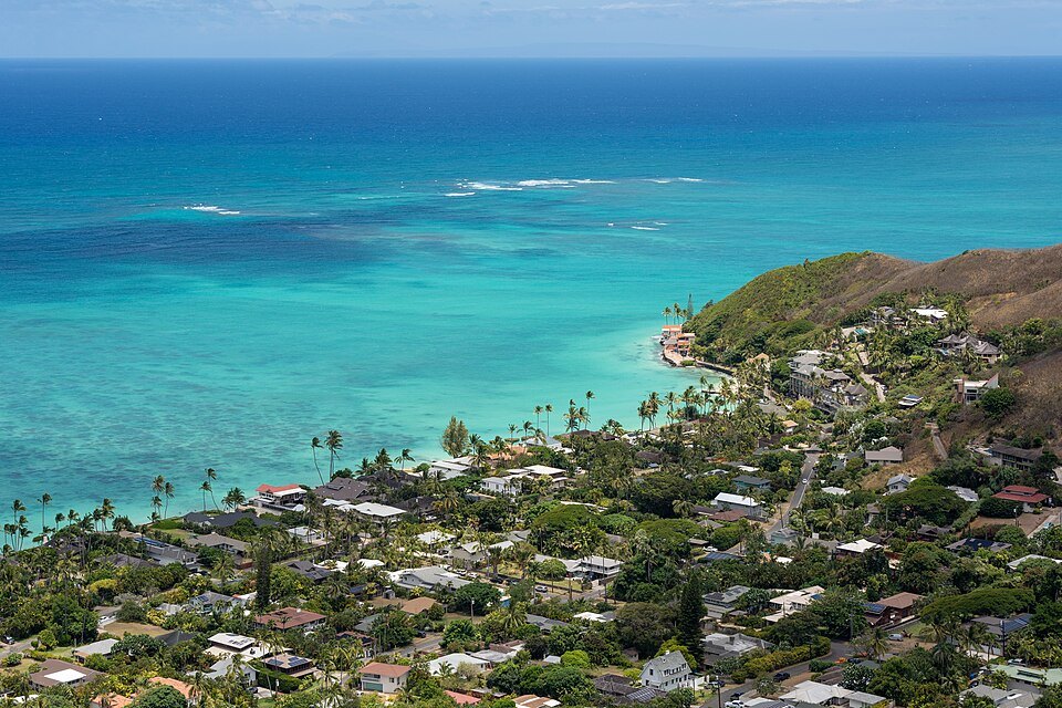 Lanikai's shallow turquoise water from the ridge above the town