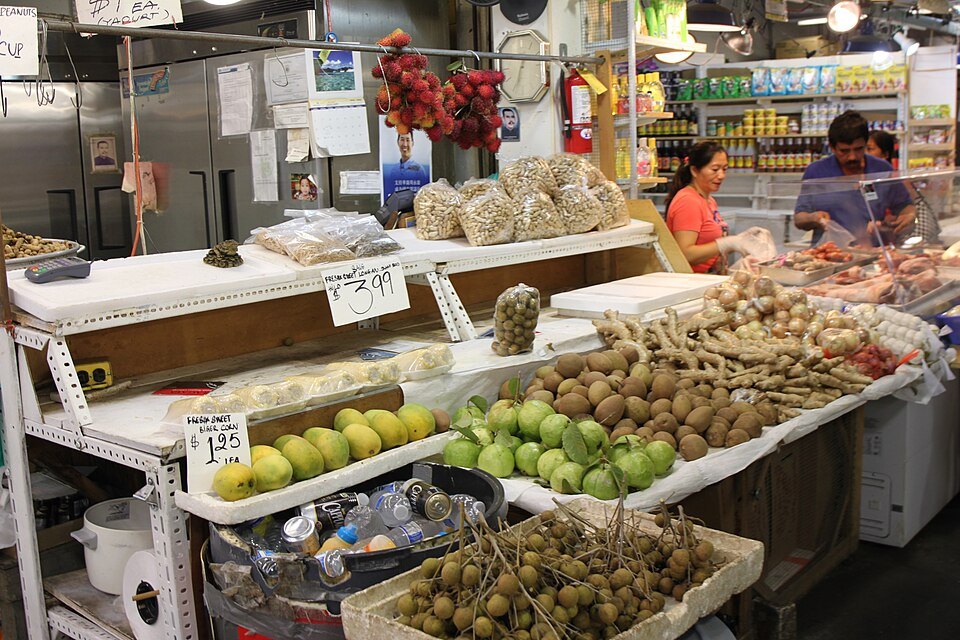 Fruit and dried goods on a stall inside Maunakea Marketplace