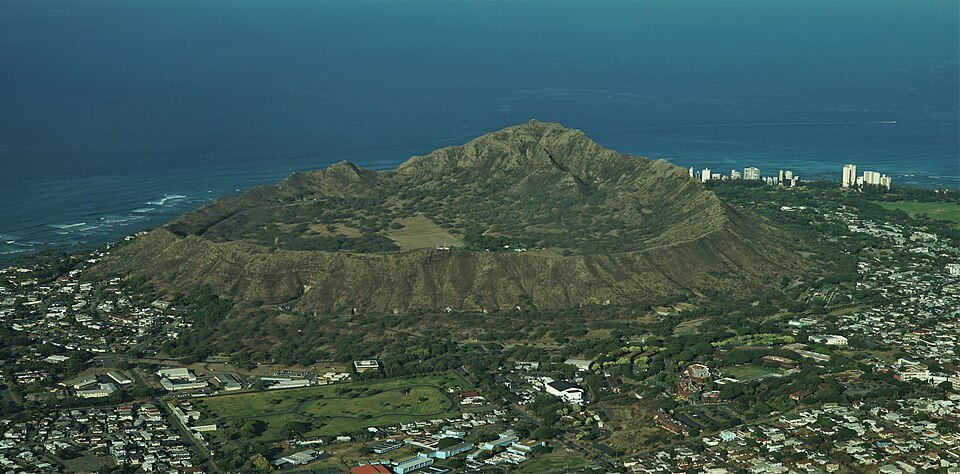 Diamond Head from the air, the crater's rim and floor