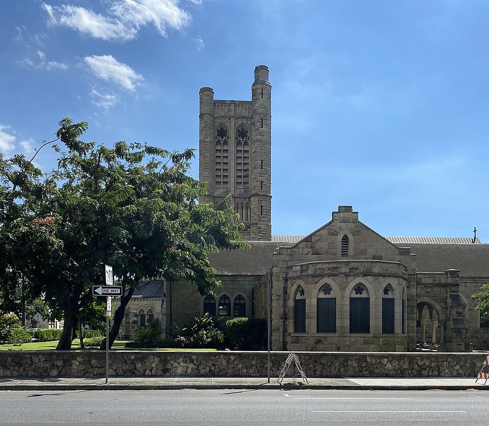 The tower of St. Andrew's Cathedral above Beretania Street