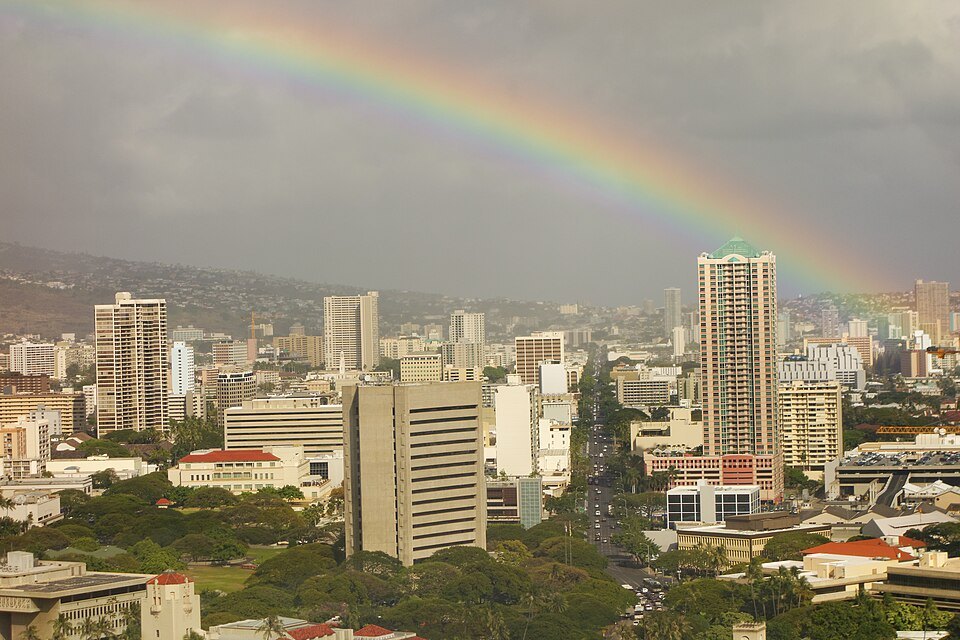 A rainbow over King Street and downtown