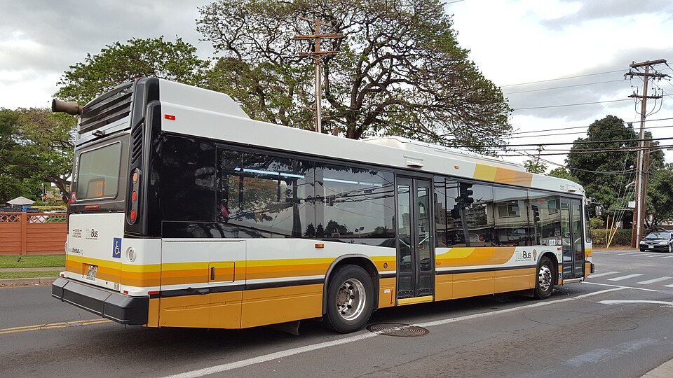 A TheBus coach in the gold, white and dark-blue livery