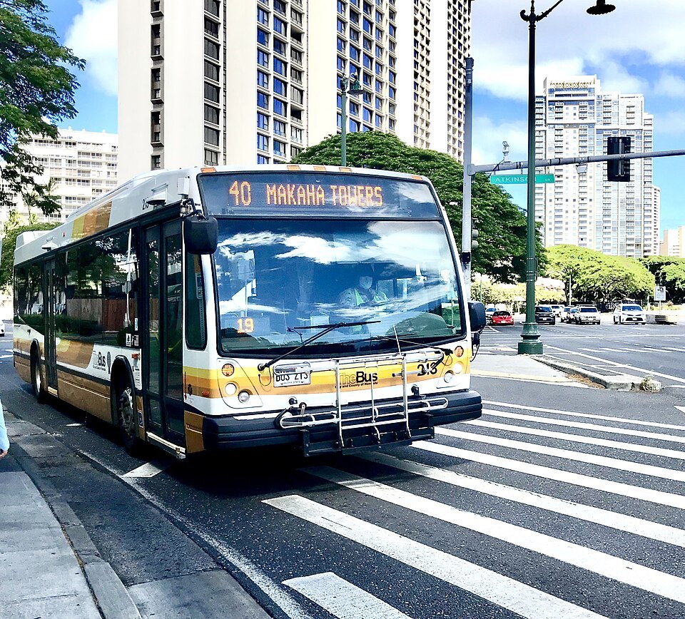 A TheBus coach on its route through the city's towers