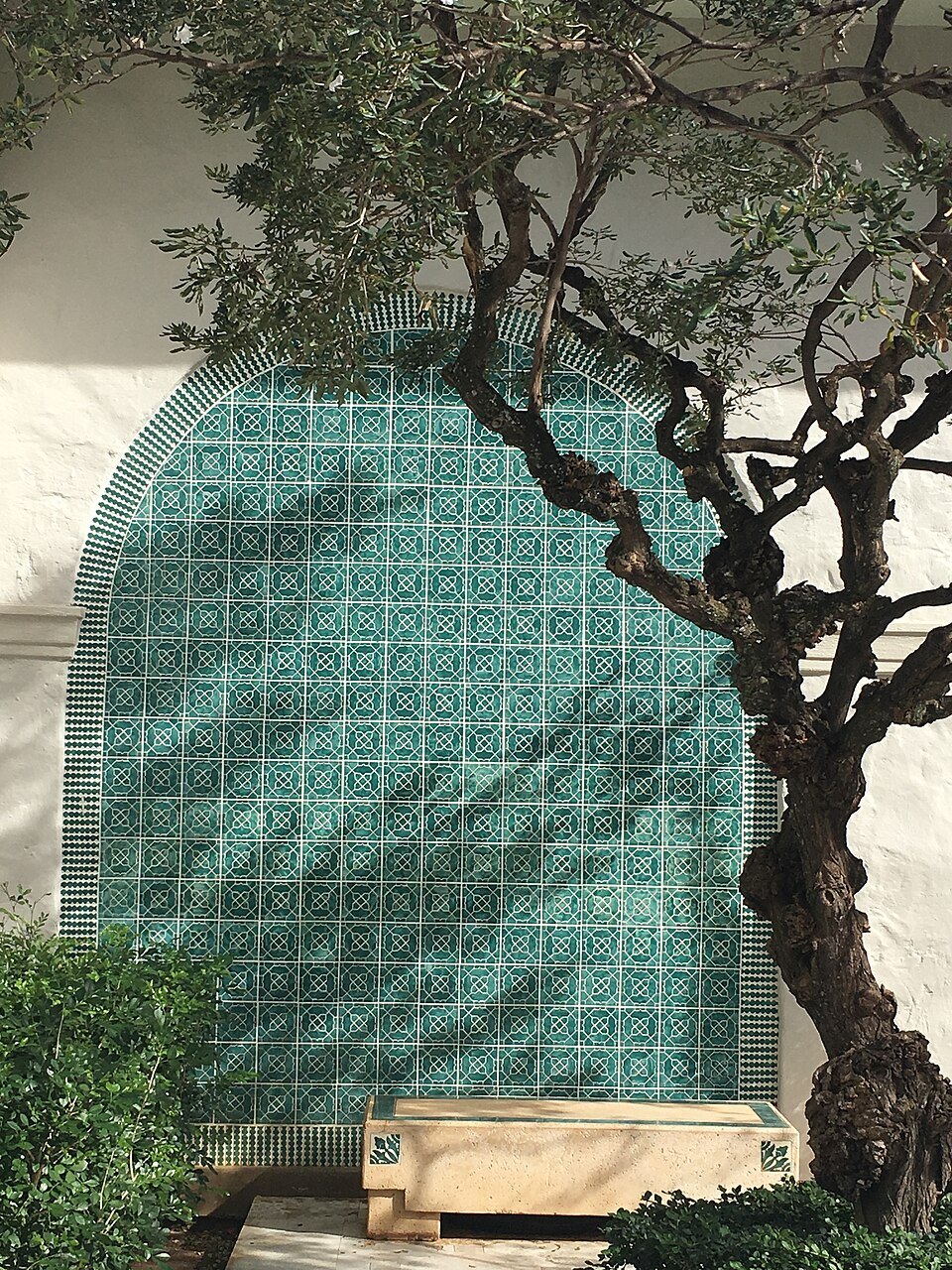 A tiled wall and a twisting tree in one of the museum's courtyards