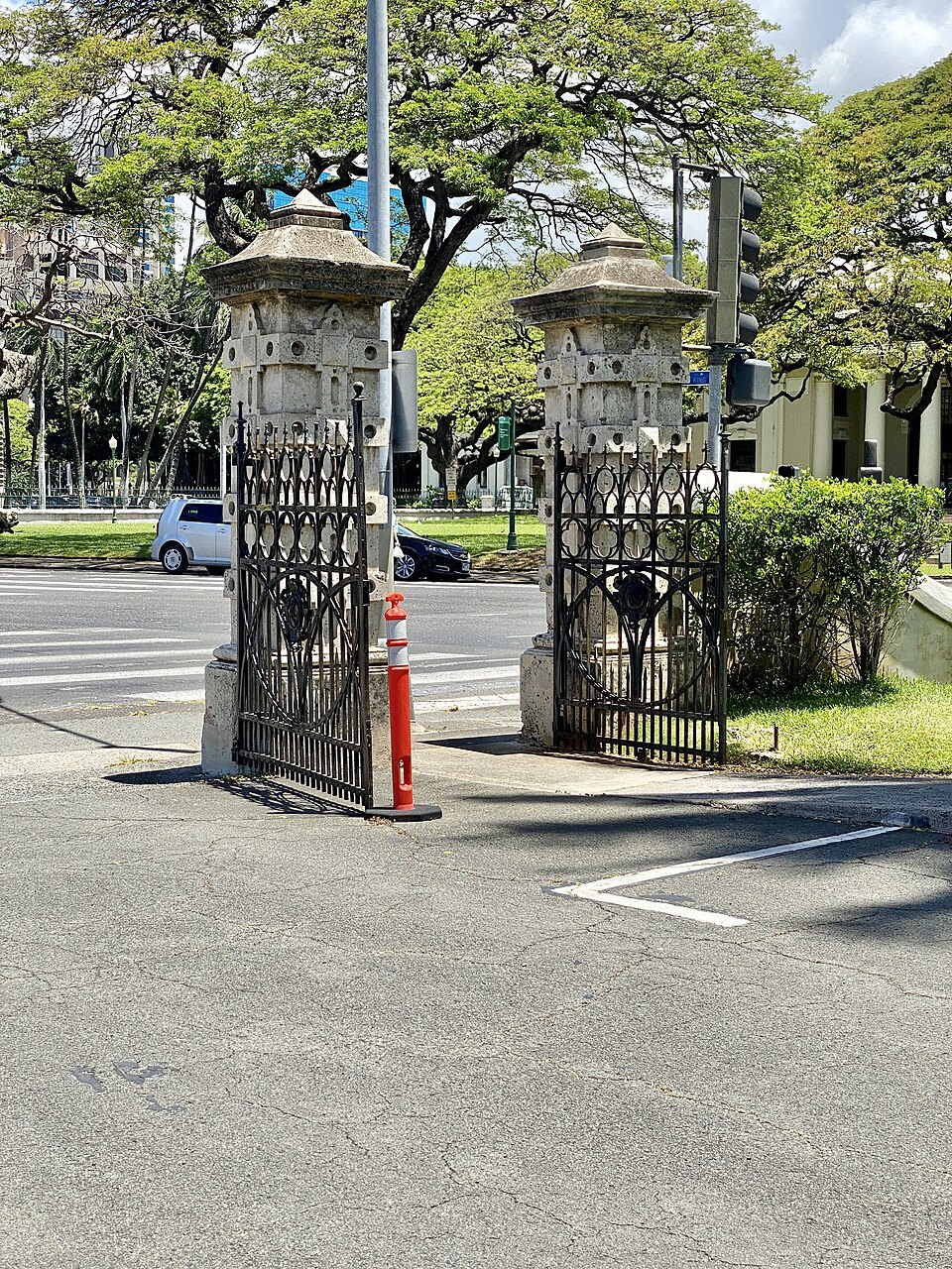 The stone gateposts of the churchyard on Punchbowl Street