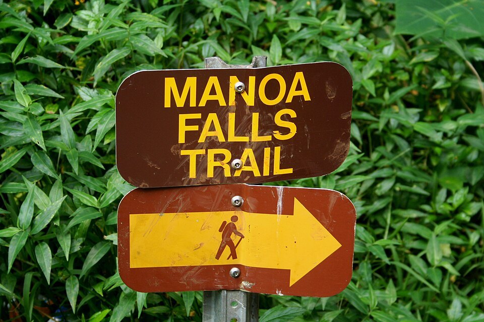 The trail sign at the foot of the Mānoa Falls trail