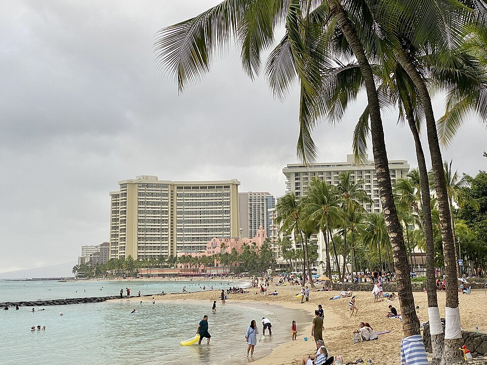 Waikīkī Beach below the hotels, swimmers in the shallows