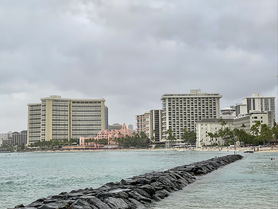 A rock groin reaching into the water off Waikīkī