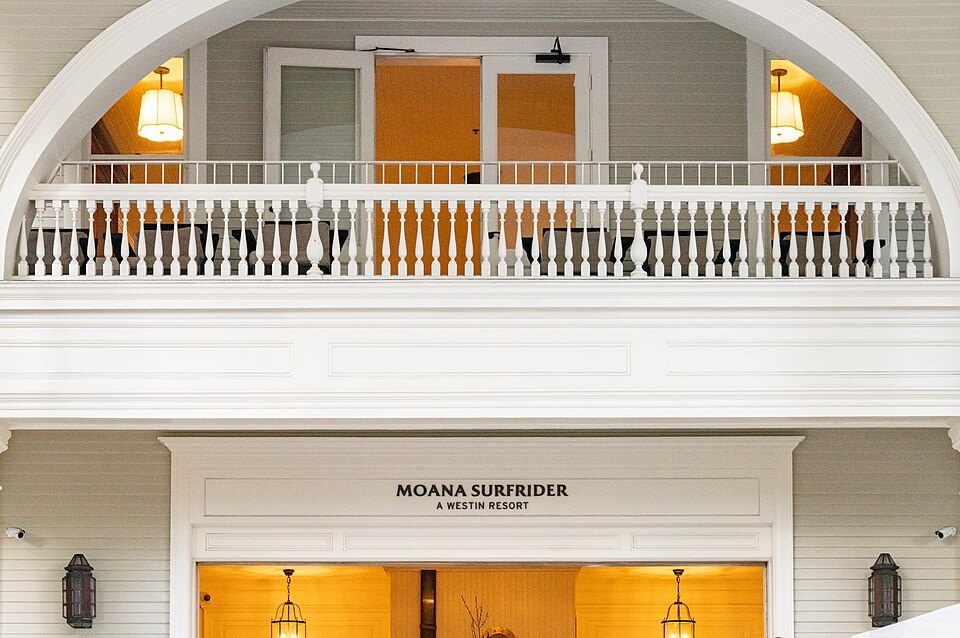 The Moana Surfrider's white veranda over its entrance