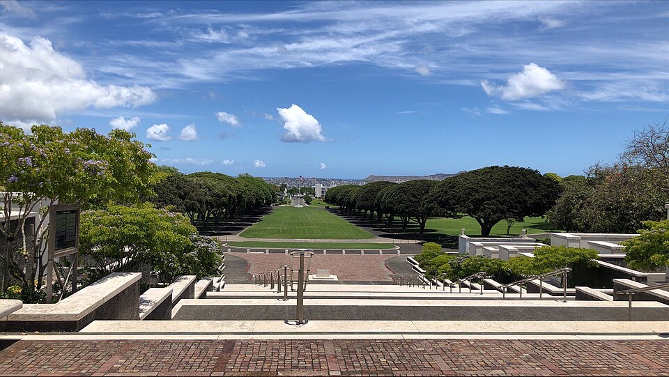 The long lawn of the cemetery from the top of the memorial stair