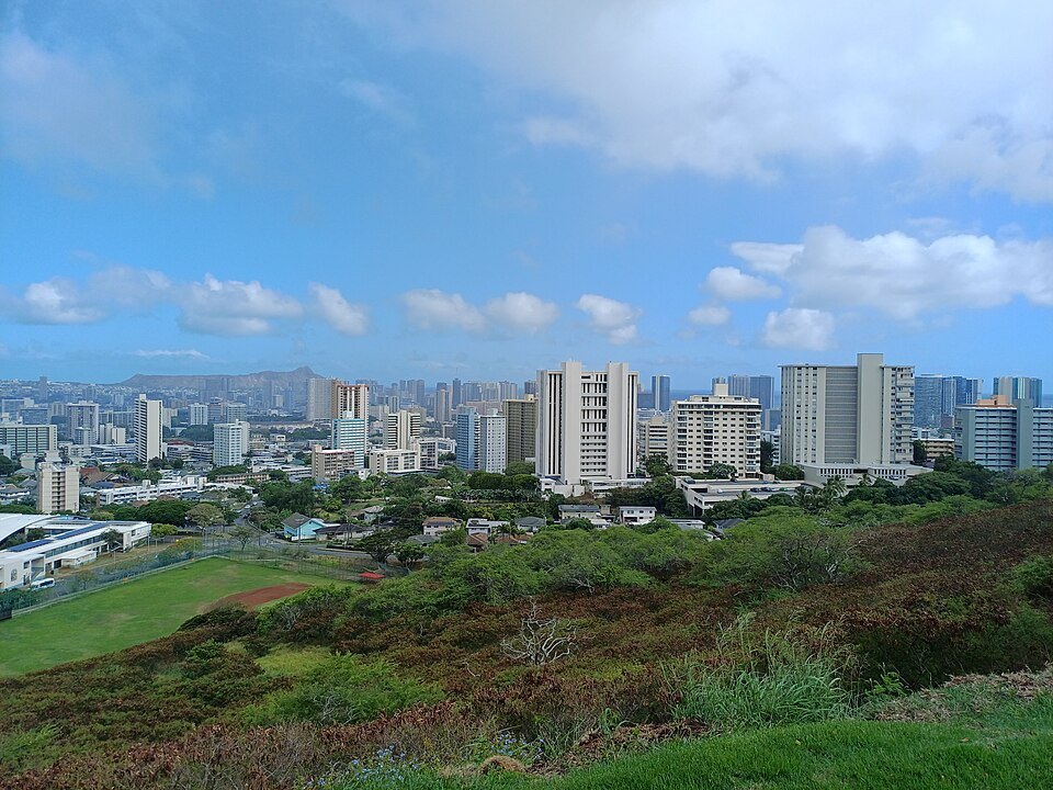 The city's towers from the rim of Punchbowl