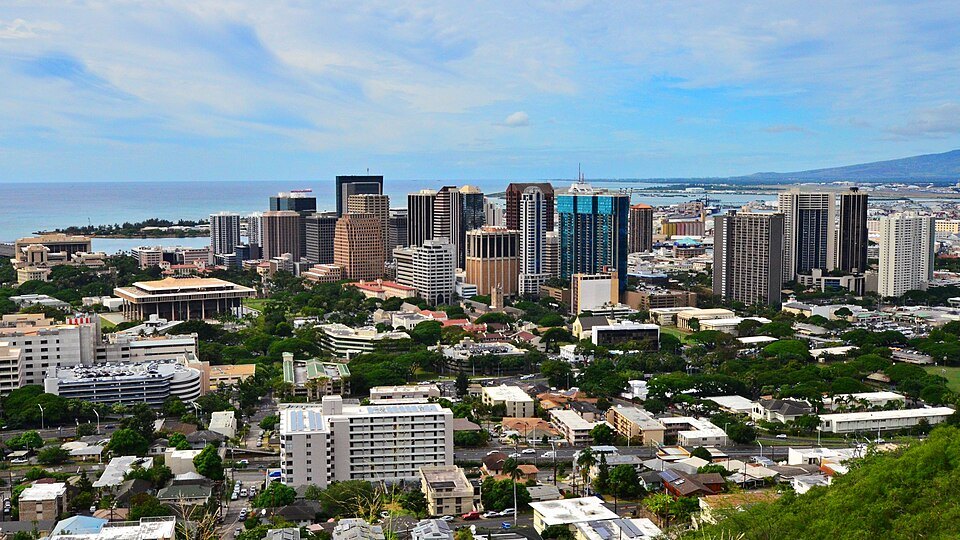 Downtown Honolulu from above, the harbor beyond
